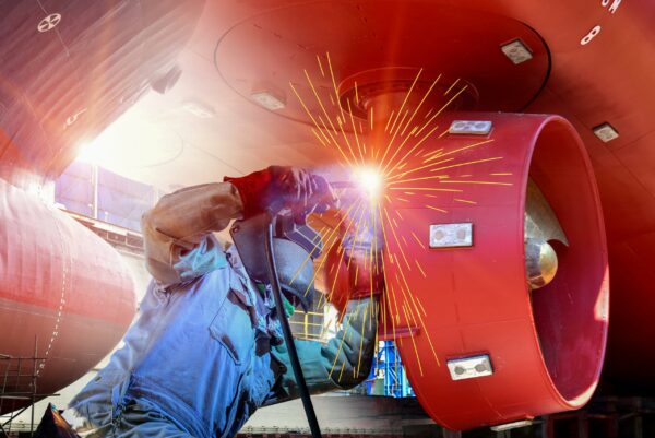 Worker,Welding,Process,With,Metal,Steel,Hull,And,Proppeler,Maintenance,