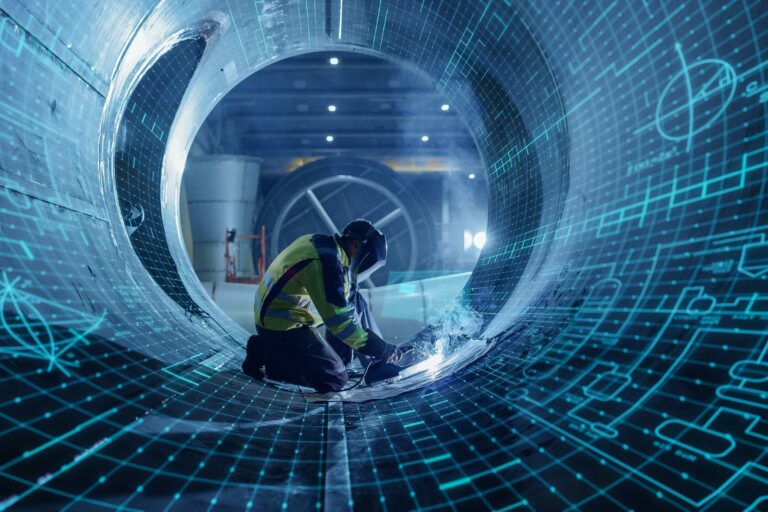Industrial,4.0,Digital,Visualization:,Heavy,Industry,Welder,Working,,Welding,Inside