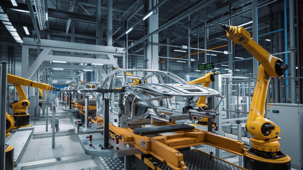 Car,Factory,3d,Render:,Automated,Robot,Arm,Assembly,Line,Manufacturing