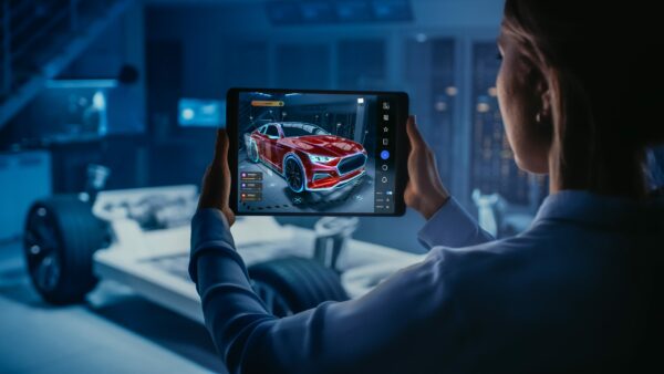 Automotive,Engineer,Working,On,Electric,Car,Chassis,Platform,,Using,Tablet