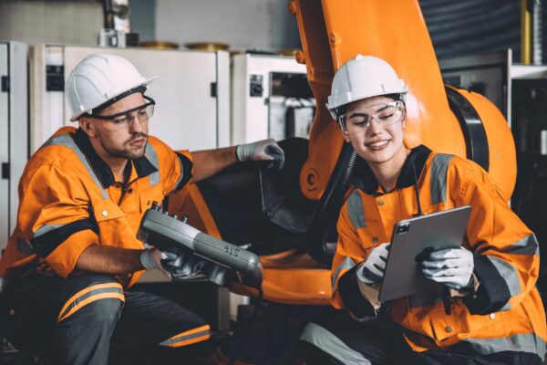 Happy,Engineer,Team,Working,In,Modern,Automation,Factory,With,Welding