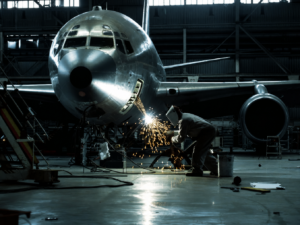 ChatGPT Image 4 may 2026, 09_20_46 Technician welding near an aircraft fuselage in a hangar