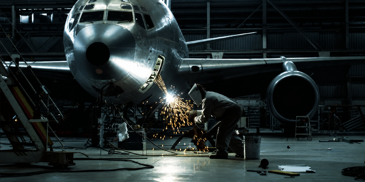 Technician welding metal on an airplane nose inside a maintenance hangar.