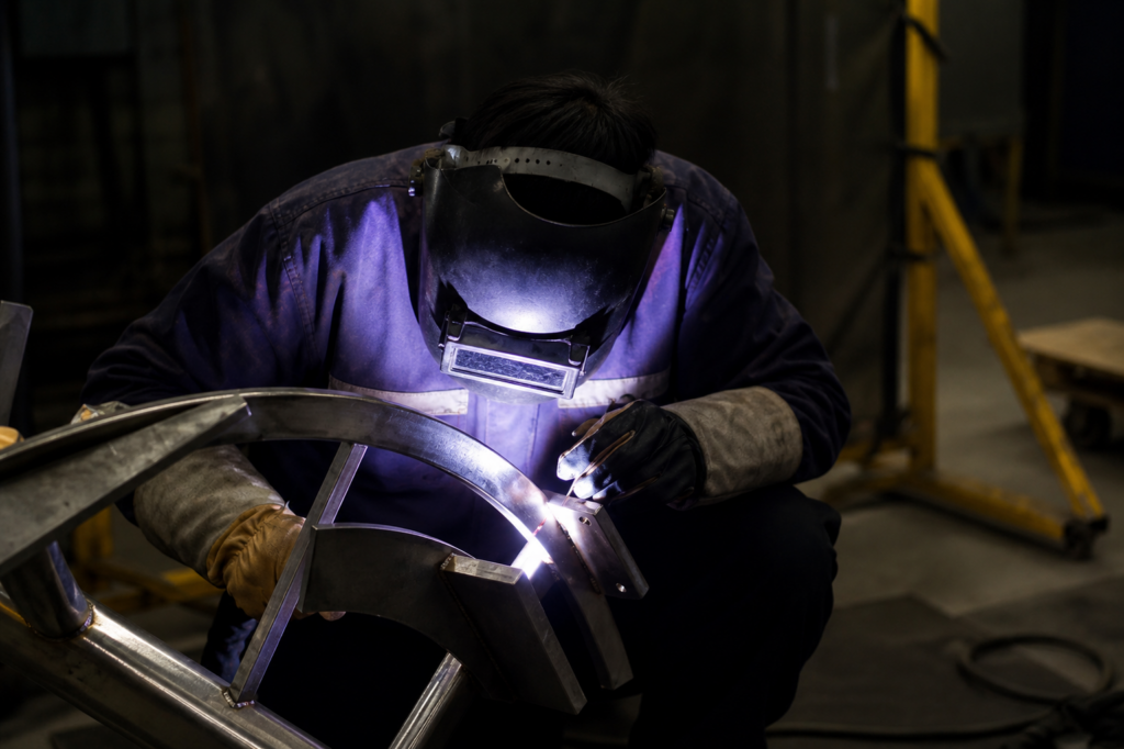 Welder performing TIG welding on a curved metal structure in a dark industrial workshop.