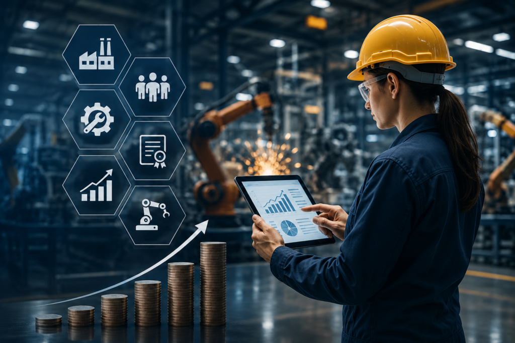 Industrial Salary Factors and Digital Performance Analysis emale engineer in a factory using a tablet beside icons for industry, skills, certification, performance and automation
