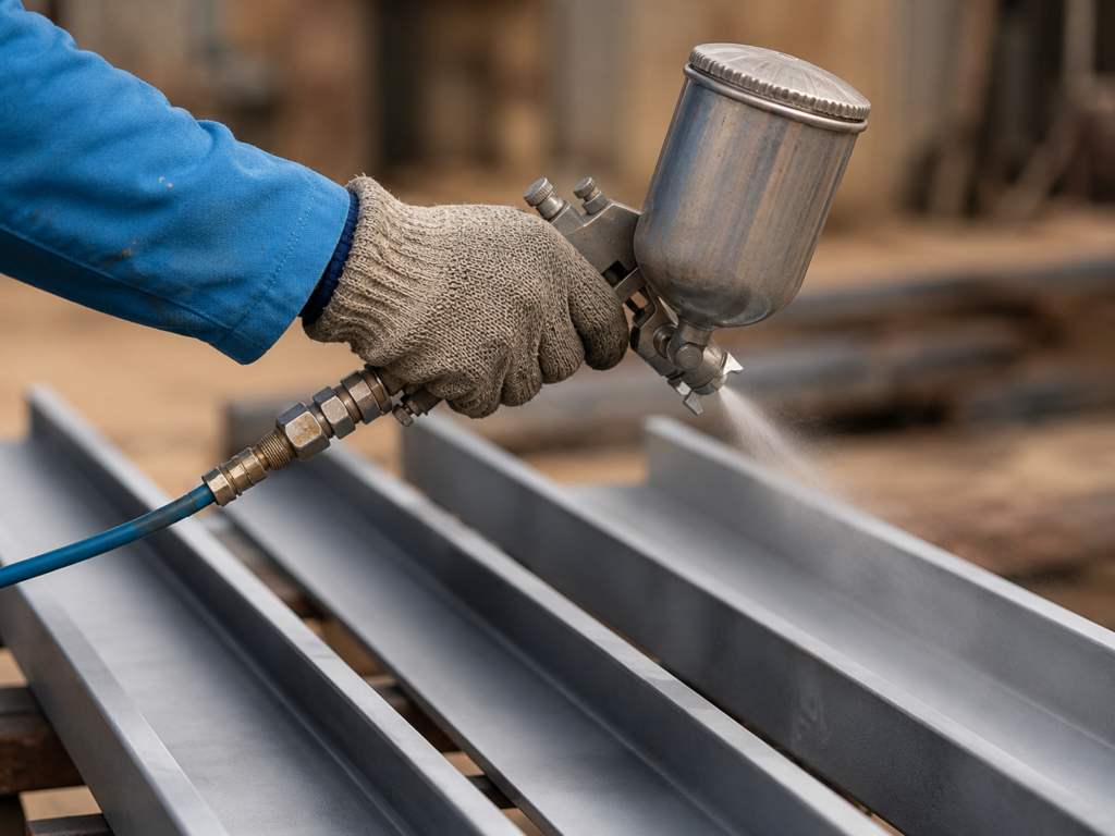 Industrial Spray Painting Process Gloved worker using a spray gun to paint metal beams.