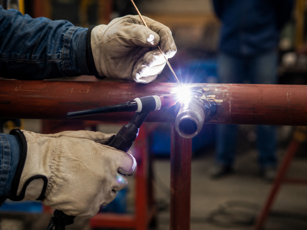 Skilled Welding Work in Industrial Occupations Close-up of a welder performing TIG welding on metal pipes in an industrial workshop, with protective gloves, welding torch, filler rod, and bright welding arc.