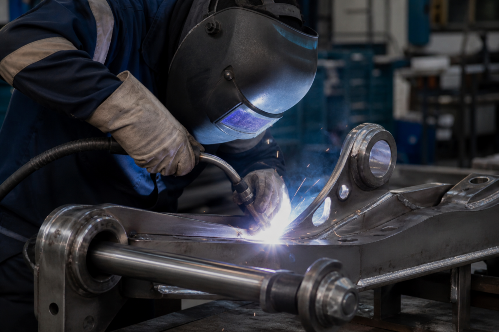 Worker welding a high-strength steel component in an industrial workshop.