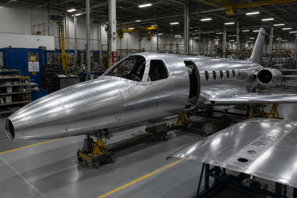 Aluminum aircraft fuselage inside an industrial factory with exposed structure and machinery.