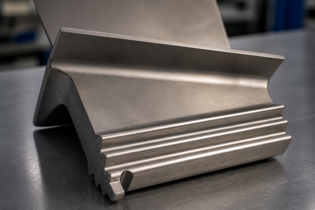 Machined nickel superalloy part (Inconel) used in aerospace, shown on an industrial surface.
