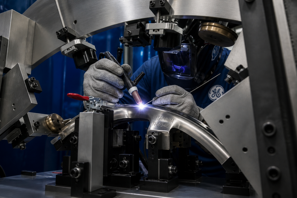 Technician performing precision welding on a titanium aerospace component using specialized equipment.